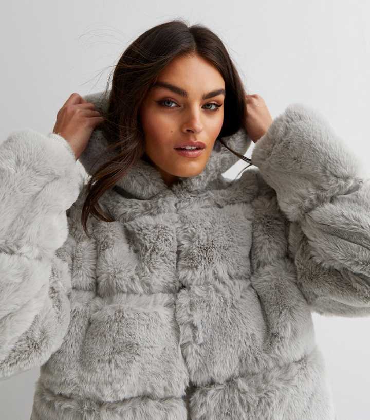 Womens Faux Fur Hooded Jacket With Belt Grey –