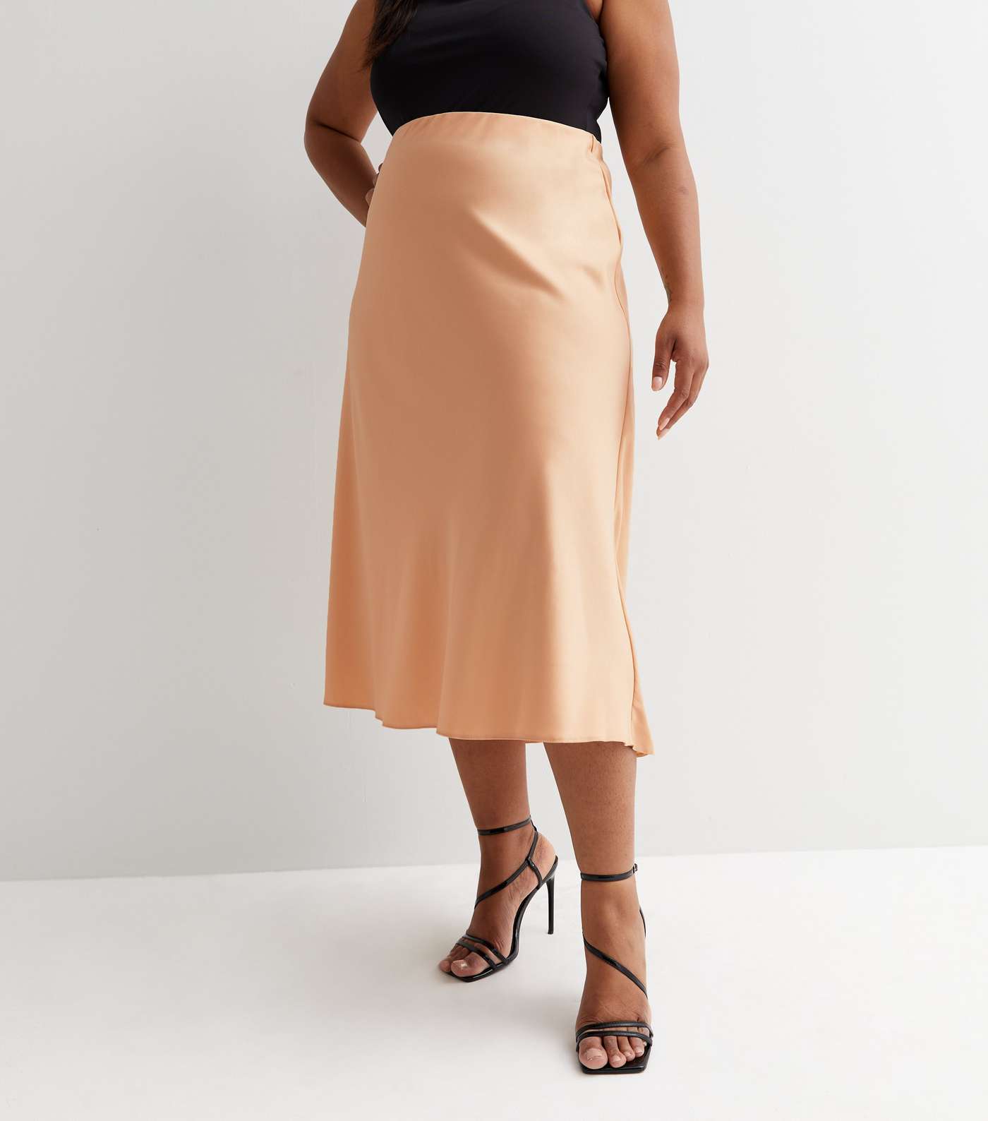 Curves Pale Pink Satin Bias Cut Midi Skirt Image 3