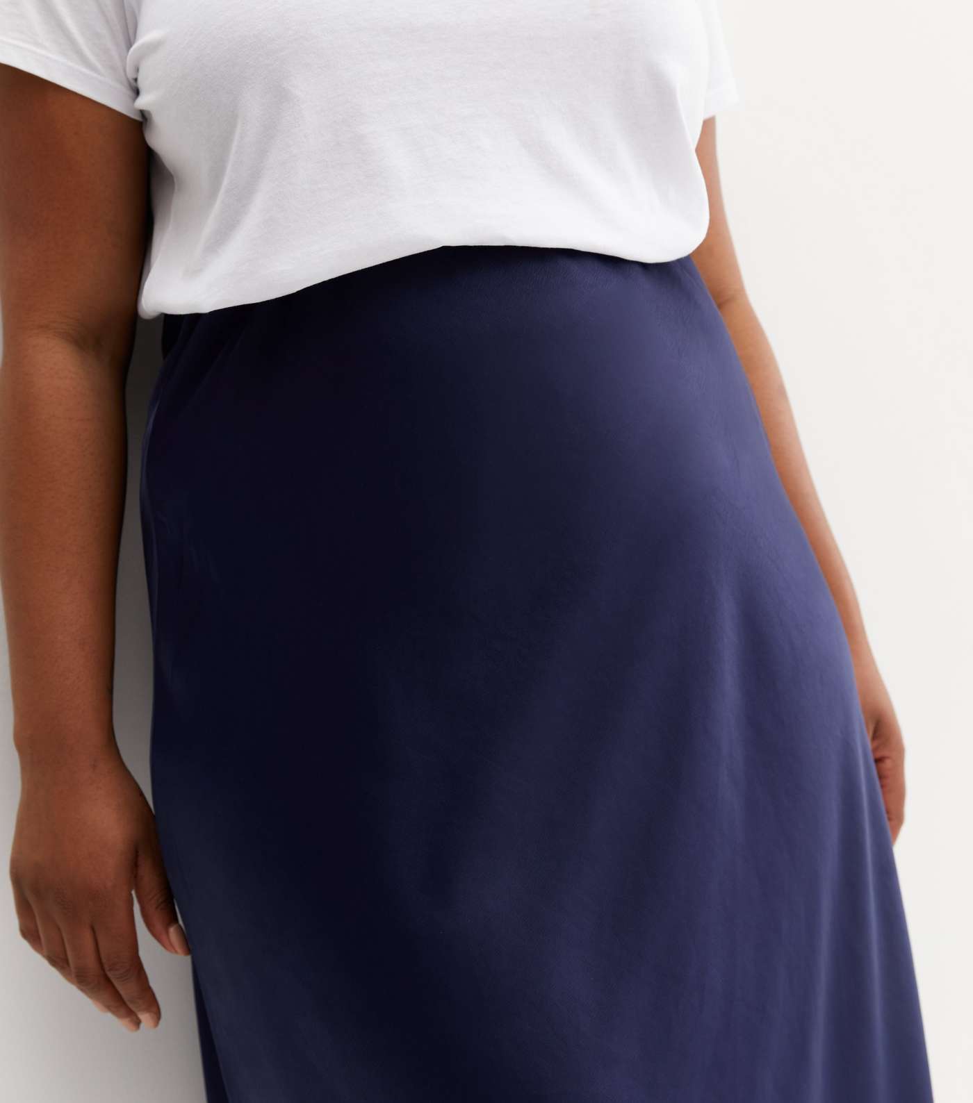 Curves Indigo Satin Bias Cut Midi Skirt Image 3