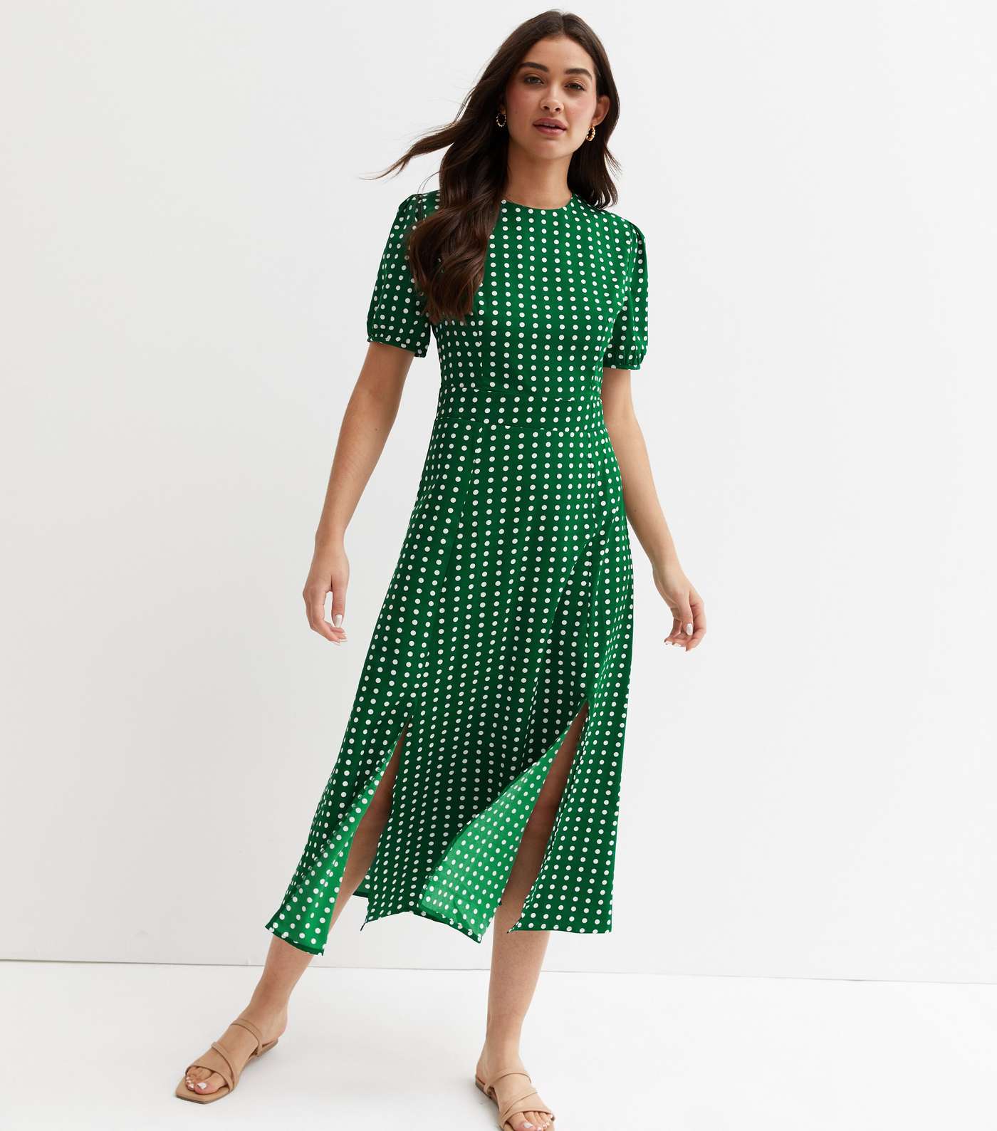Cutie London Green Spot Double Split Hem Maxi Dress