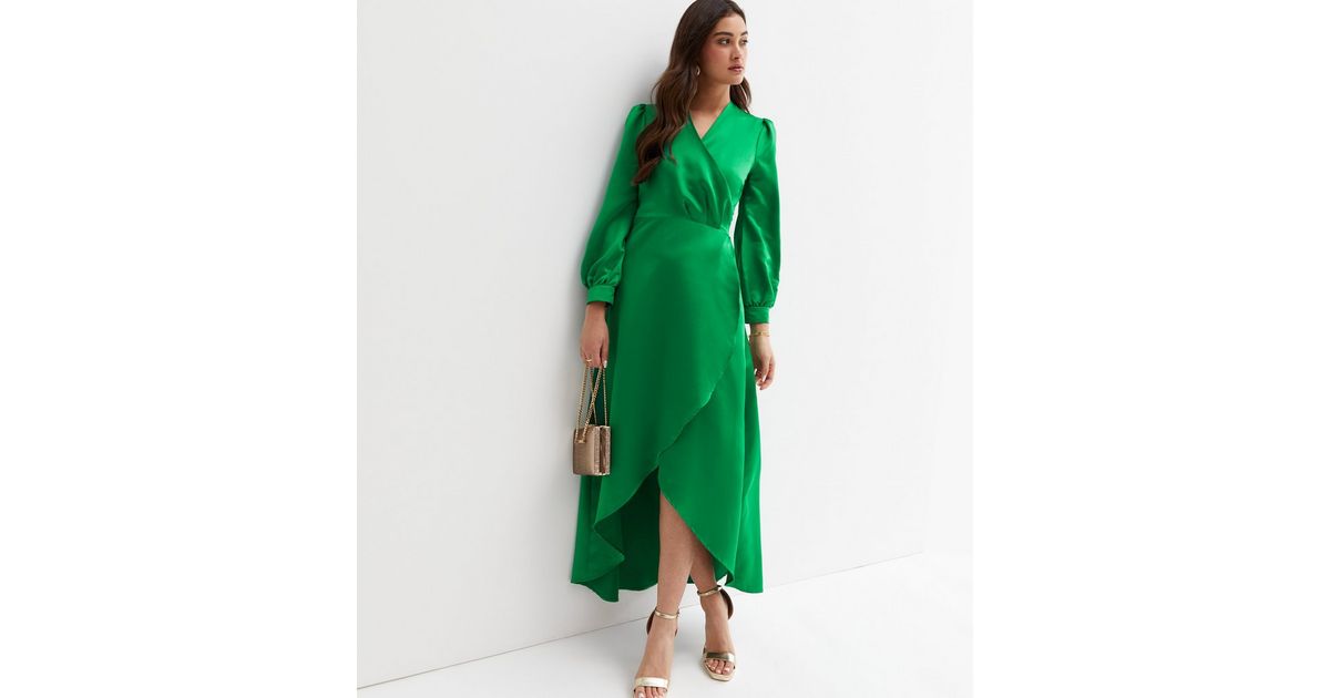 Cutie London Green Satin Long Sleeve Maxi Wrap Dress | New Look