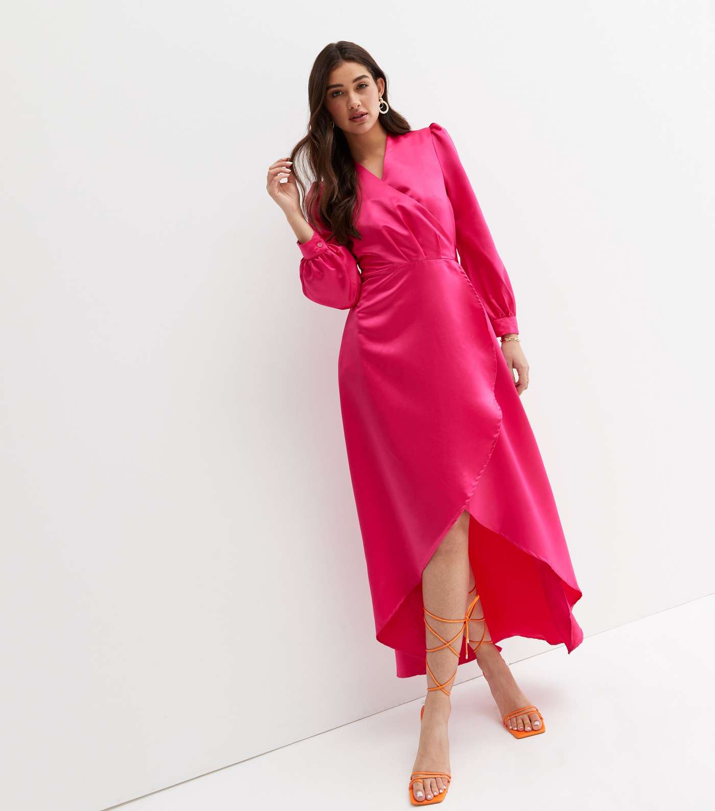 Cutie London Bright Pink Satin Long Sleeve Maxi Wrap Dress Image 2