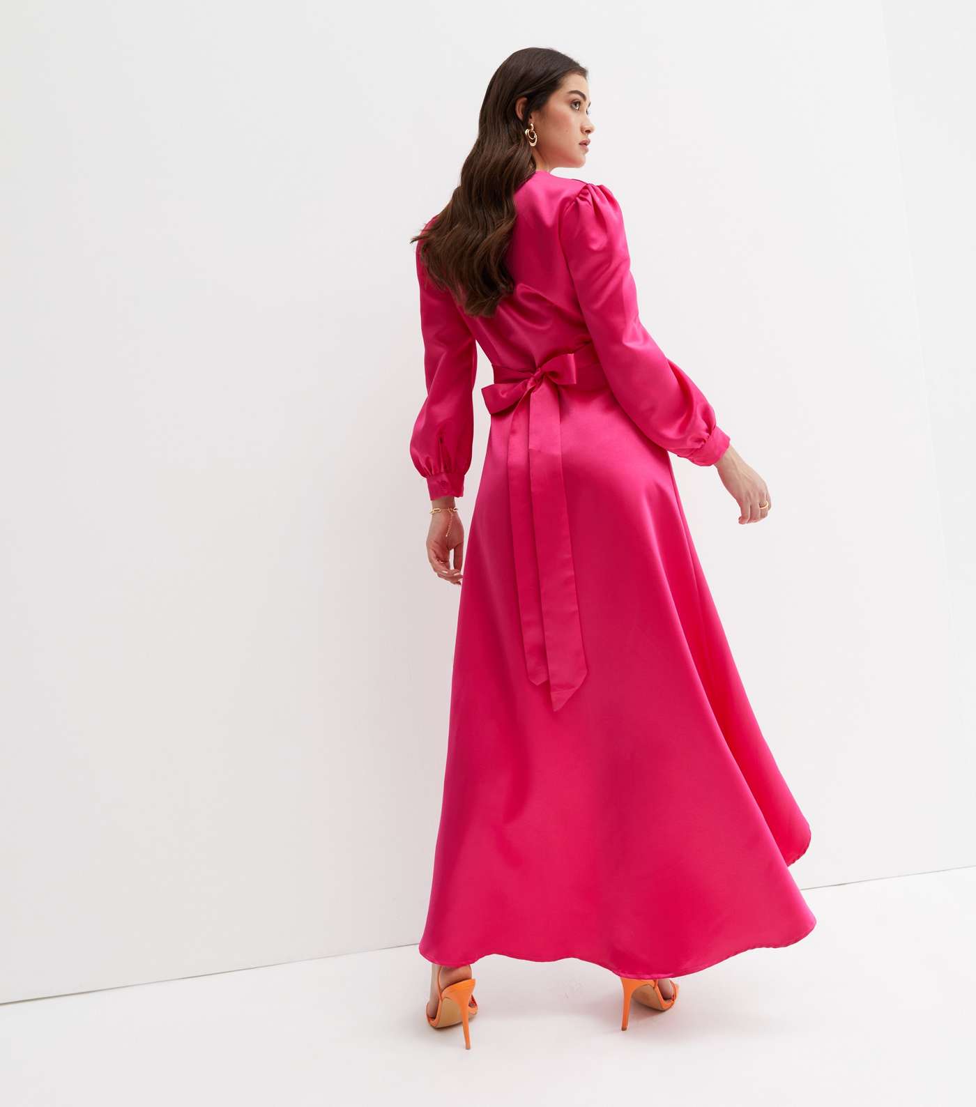 Cutie London Bright Pink Satin Long Sleeve Maxi Wrap Dress Image 4