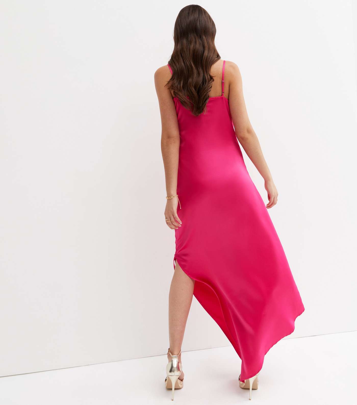 Cutie London Bright Pink Satin Ruched Asymmetric Hem Maxi Dress Image 4