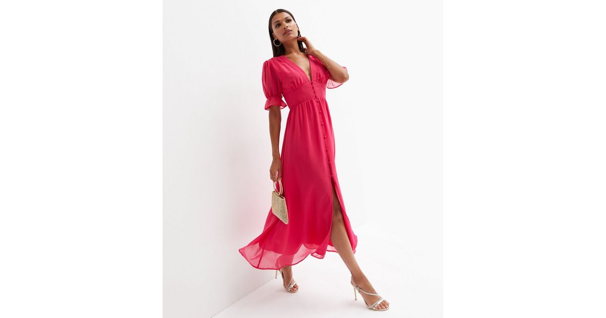 Cutie London Bright Pink Chiffon Button Maxi Dress New Look