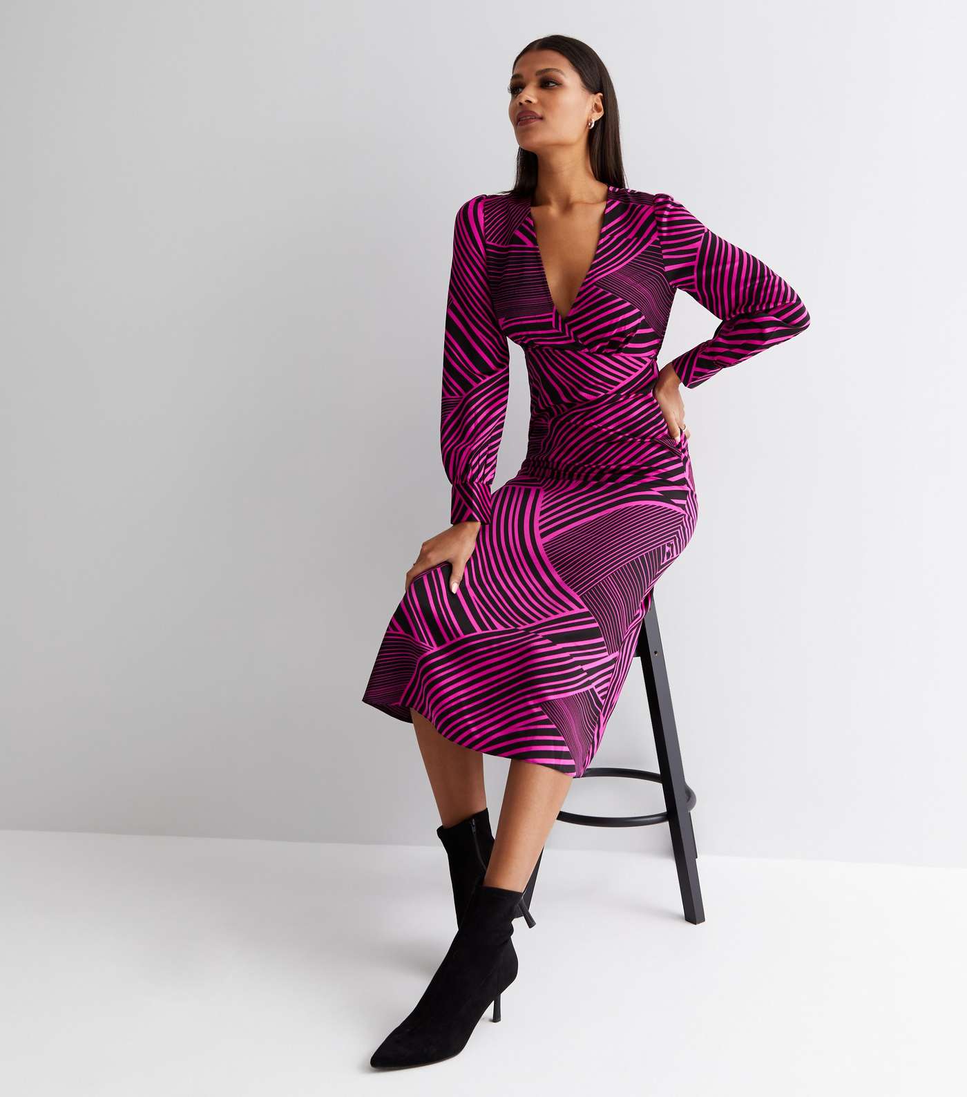 Pink Abstract Stripe V Neck Long Sleeve Midi Dress Image 3