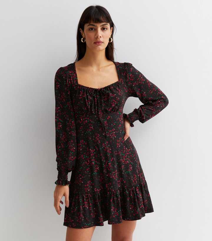 Cute Black Floral Print Dress - Long Sleeve Dress - Mini Dress - Lulus