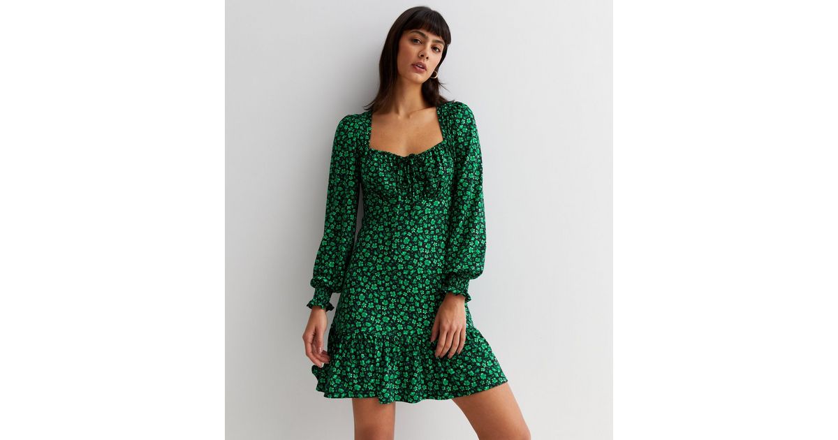 Green Ditsy Floral Square Neck Frill Mini Dress | New Look