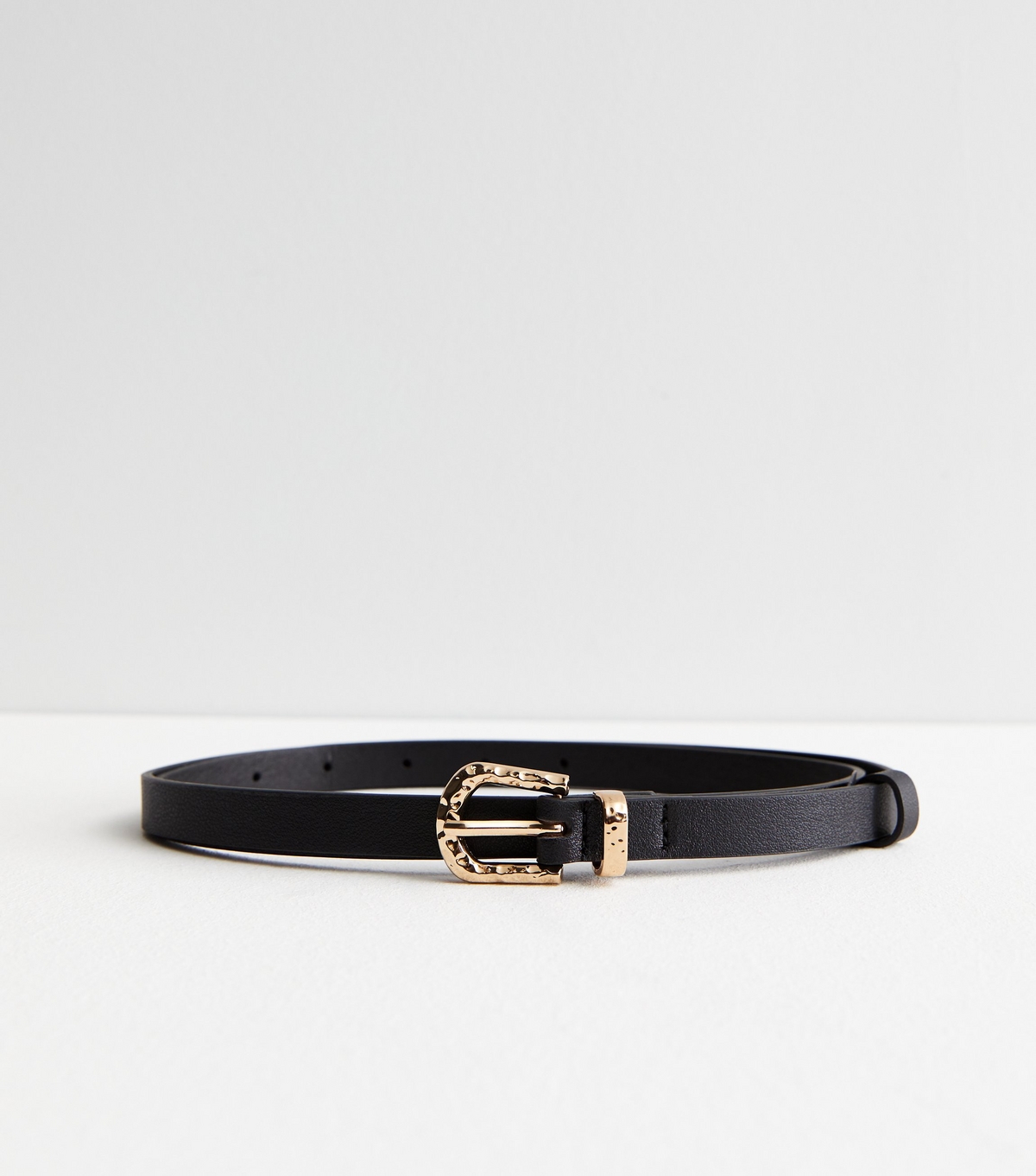 Black Leather-Look Hammered Buckle Skinny Belt New Look