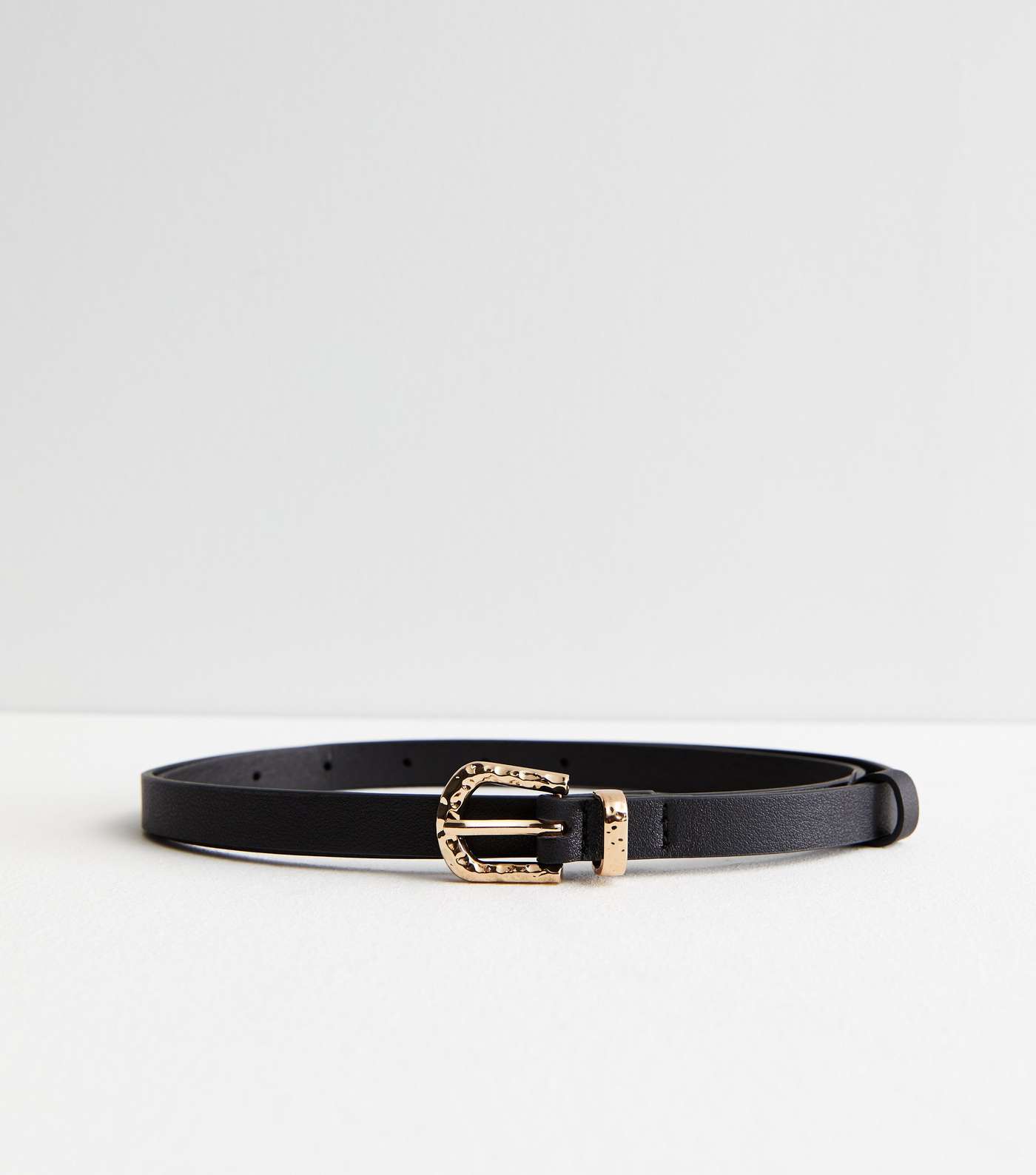 Black Leather-Look Hammered Buckle Skinny Belt