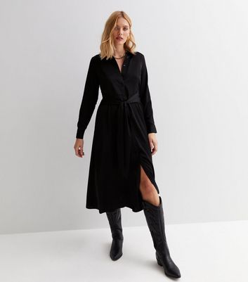 Black Tie Waist Long Sleeve Midi Shirt Dress New Look