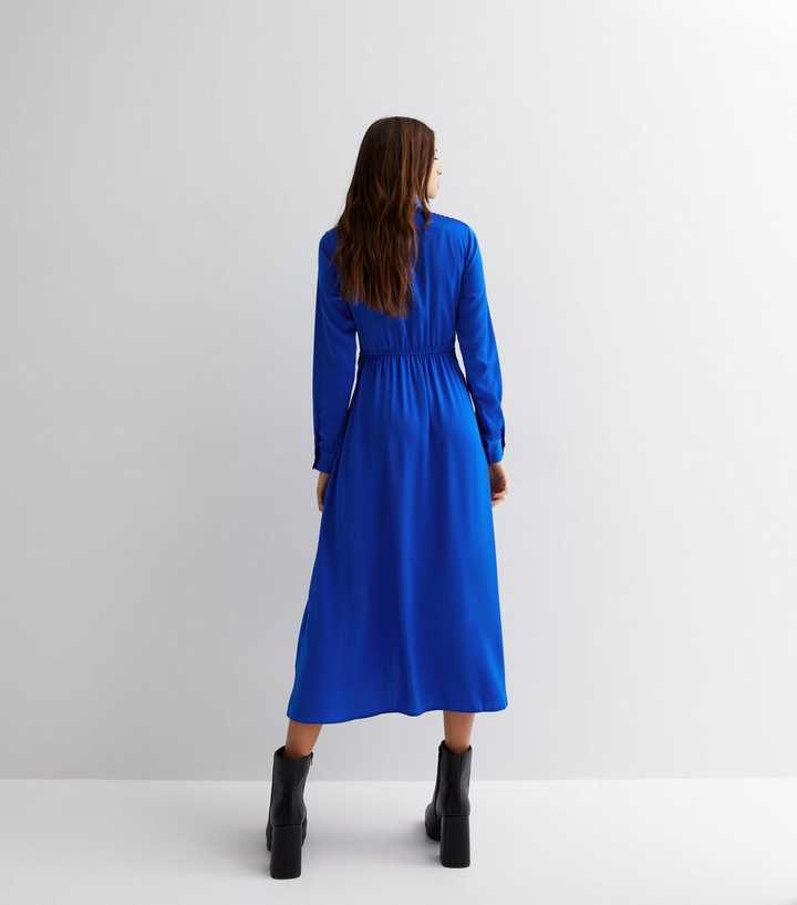 Blue Tie Waist Long Sleeve Midi Shirt Dress