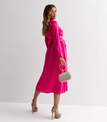 Bright Pink Tie Waist Long Sleeve Midi Shirt Dress New Look