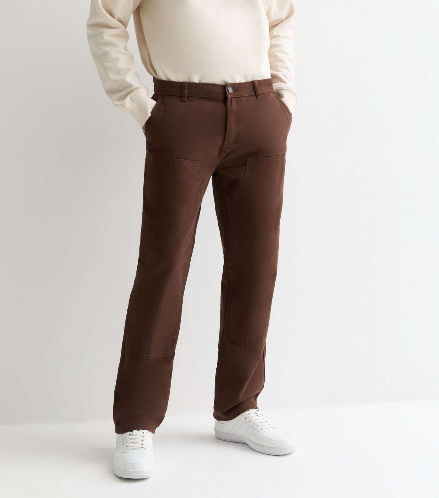 Dark Brown Panelled Straight Fit Trousers Image 4