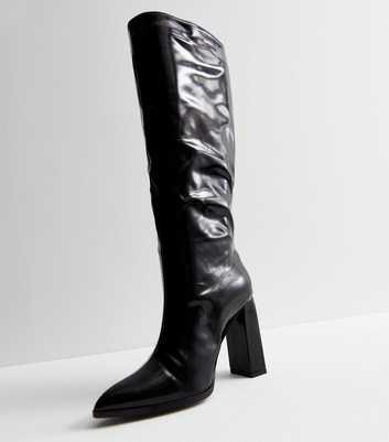 Public Desire Black Leather-Look Knee High Block Heel Boots