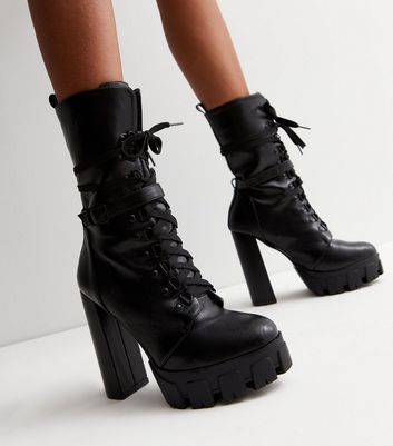 Womens black lace on sale up boots with heel