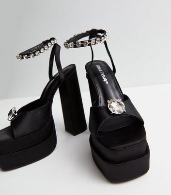 Public Desire Black Satin Diamante Block Heel Platform Sandals New Look