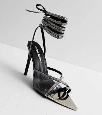 Public Desire Black Diamanté Lace Up Pointed Stiletto Heel Sandals