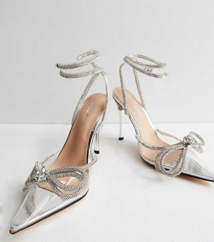 Public Desire Silver Diamanté Pointed Stiletto Heel Sandals
