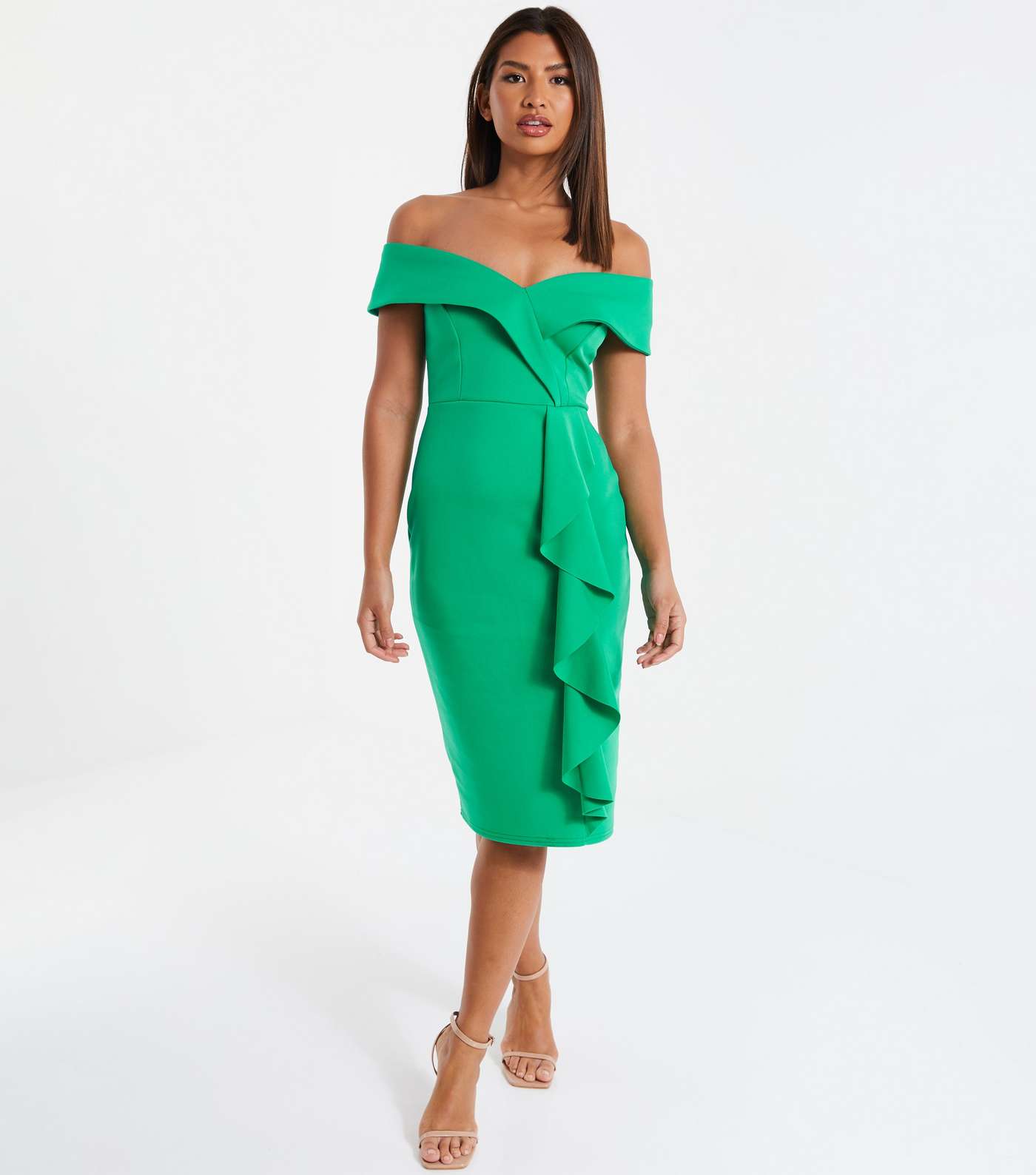QUIZ Green Frill Bardot Midi Dress