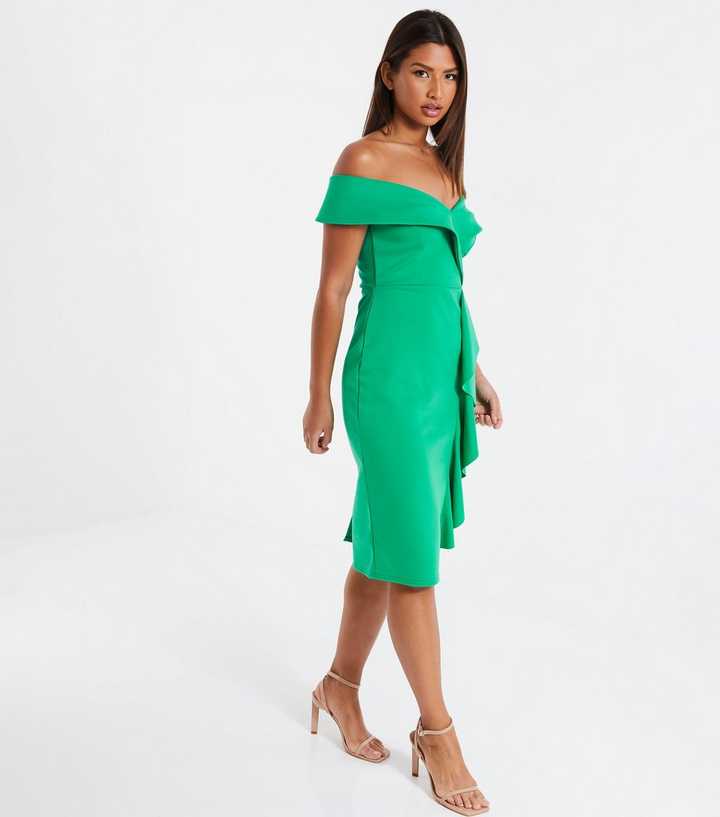 QUIZ Green Frill Bardot Midi Dress | New Look