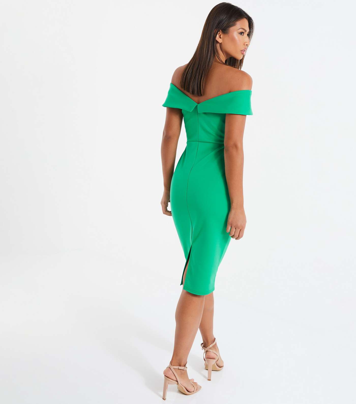 QUIZ Green Frill Bardot Midi Dress Image 3