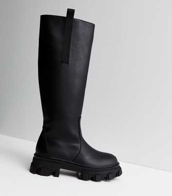 Public Desire Black Leather-Look Cleated Knee High Boots