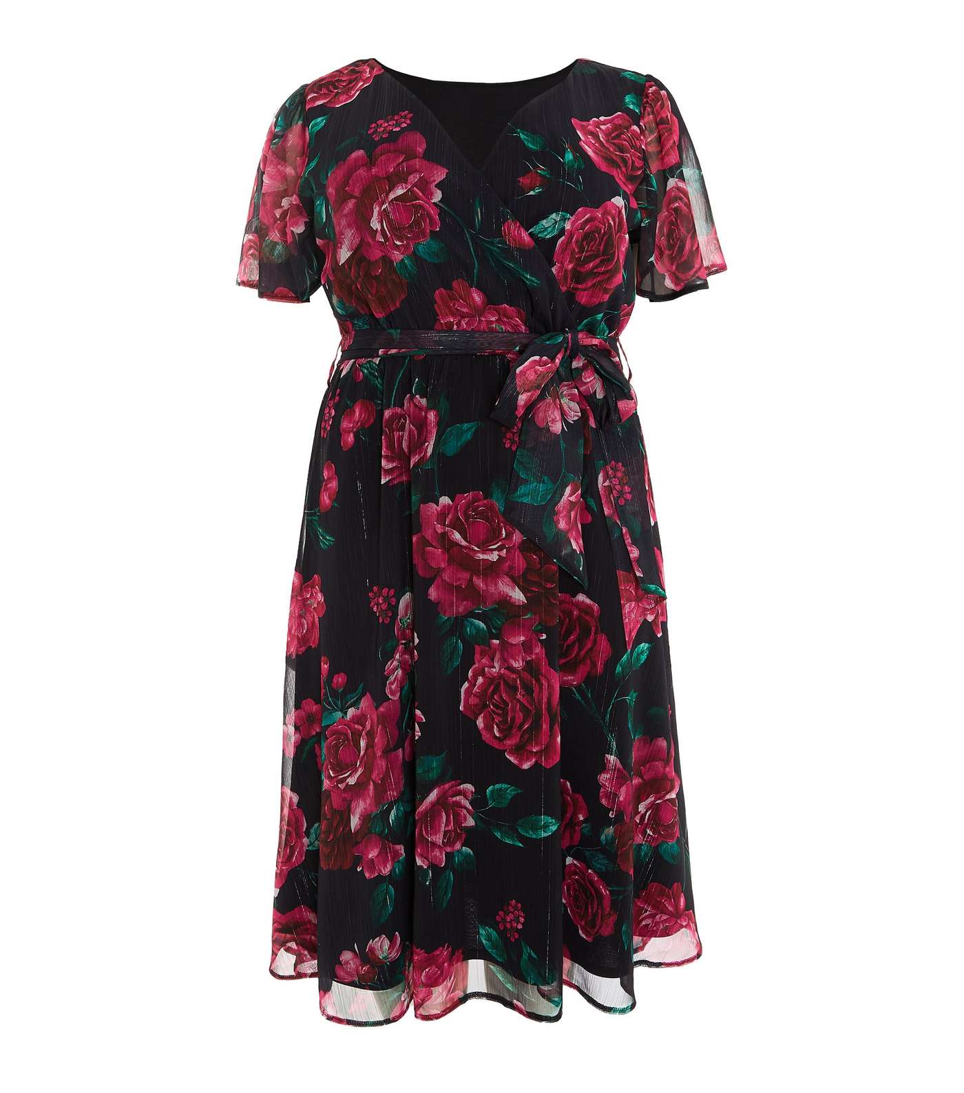 QUIZ Curves Black Floral Chiffon V Neck Midi Wrap Dress Image 4