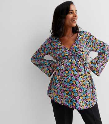 Maternity Black Ditsy Floral Wrap Blouse