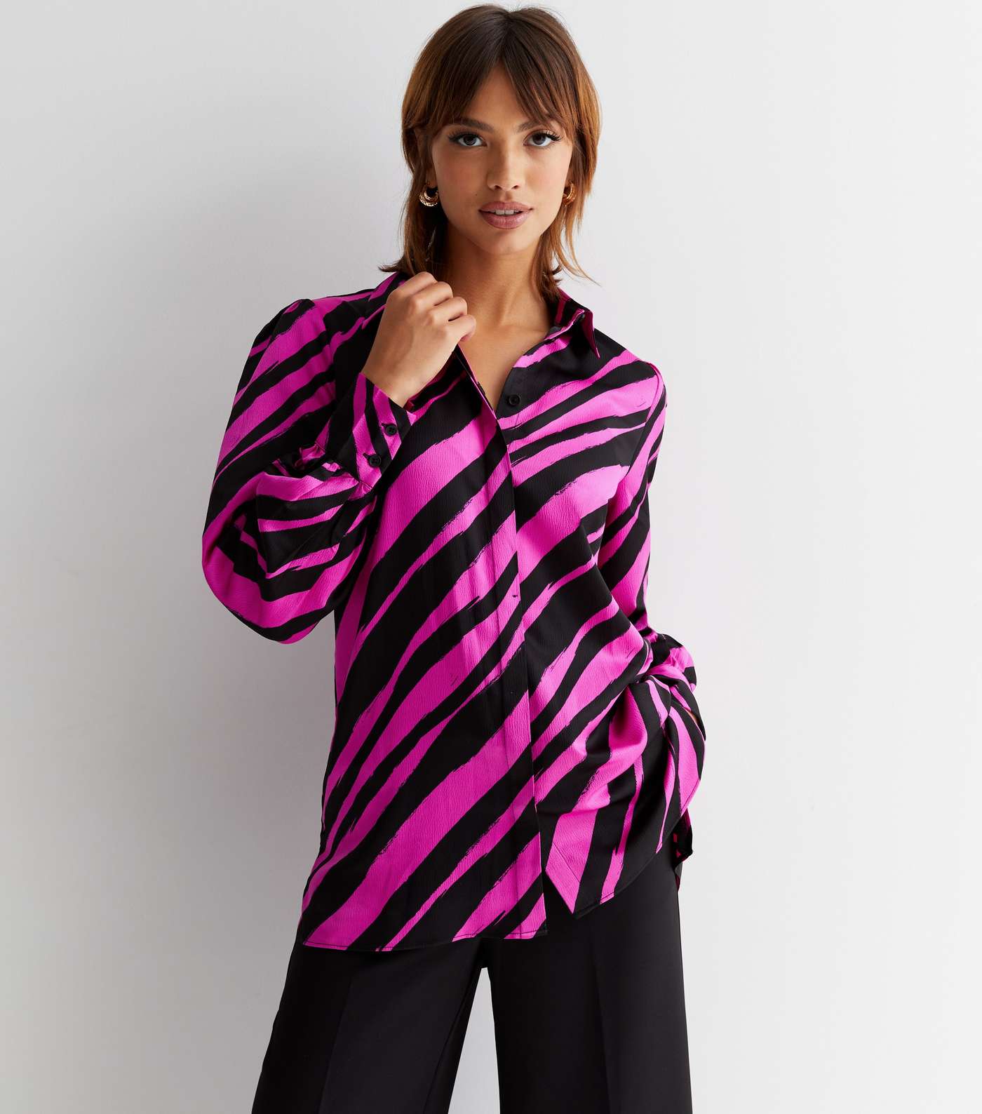Pink Stripe Satin Long Sleeve Longline Shirt