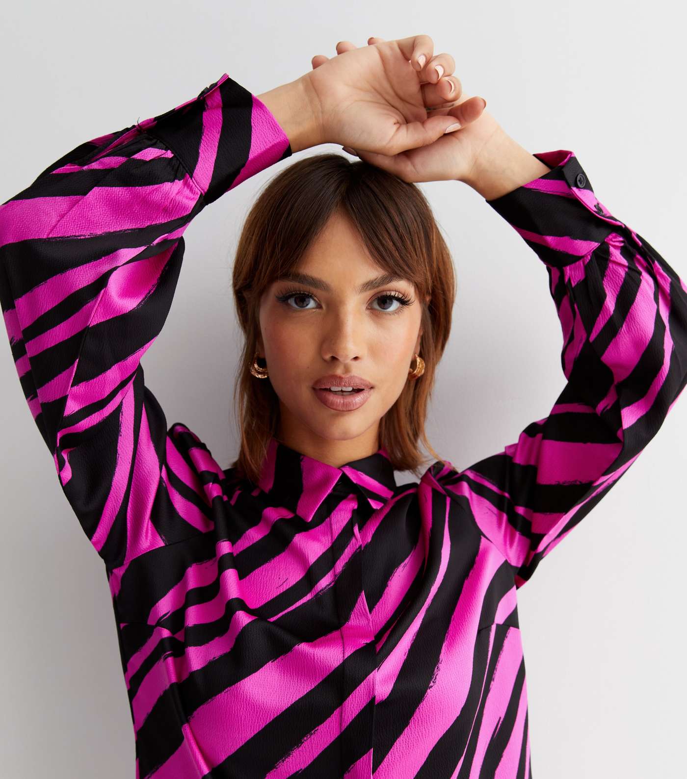 Pink Stripe Satin Long Sleeve Longline Shirt Image 3