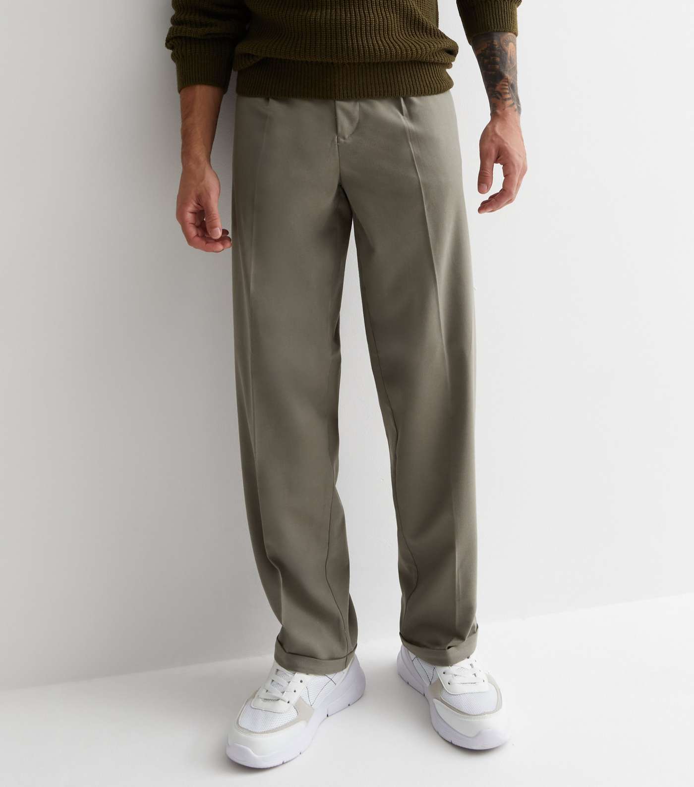 Olive Pleated Relaxed Fit Trousers Image 2
