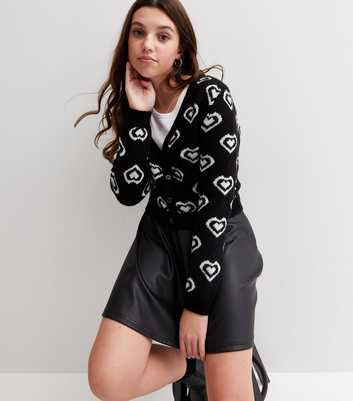 Girls Black Retro Heart Button Knit Cardigan