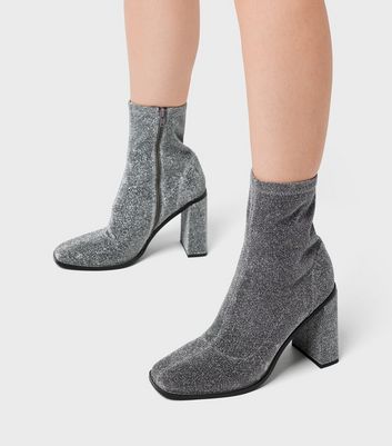 London Rebel Silver Sparkly Block Heel Sock Boots New Look