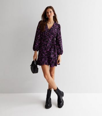 Purple Ditsy Floral Long Sleeve Ruffle Hem Mini Dress | New Look