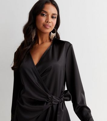 long sleeve black satin wrap dress