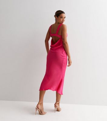 Public Desire Bright Pink Satin Cowl Neck Ruched Midi Slip Dress New Look