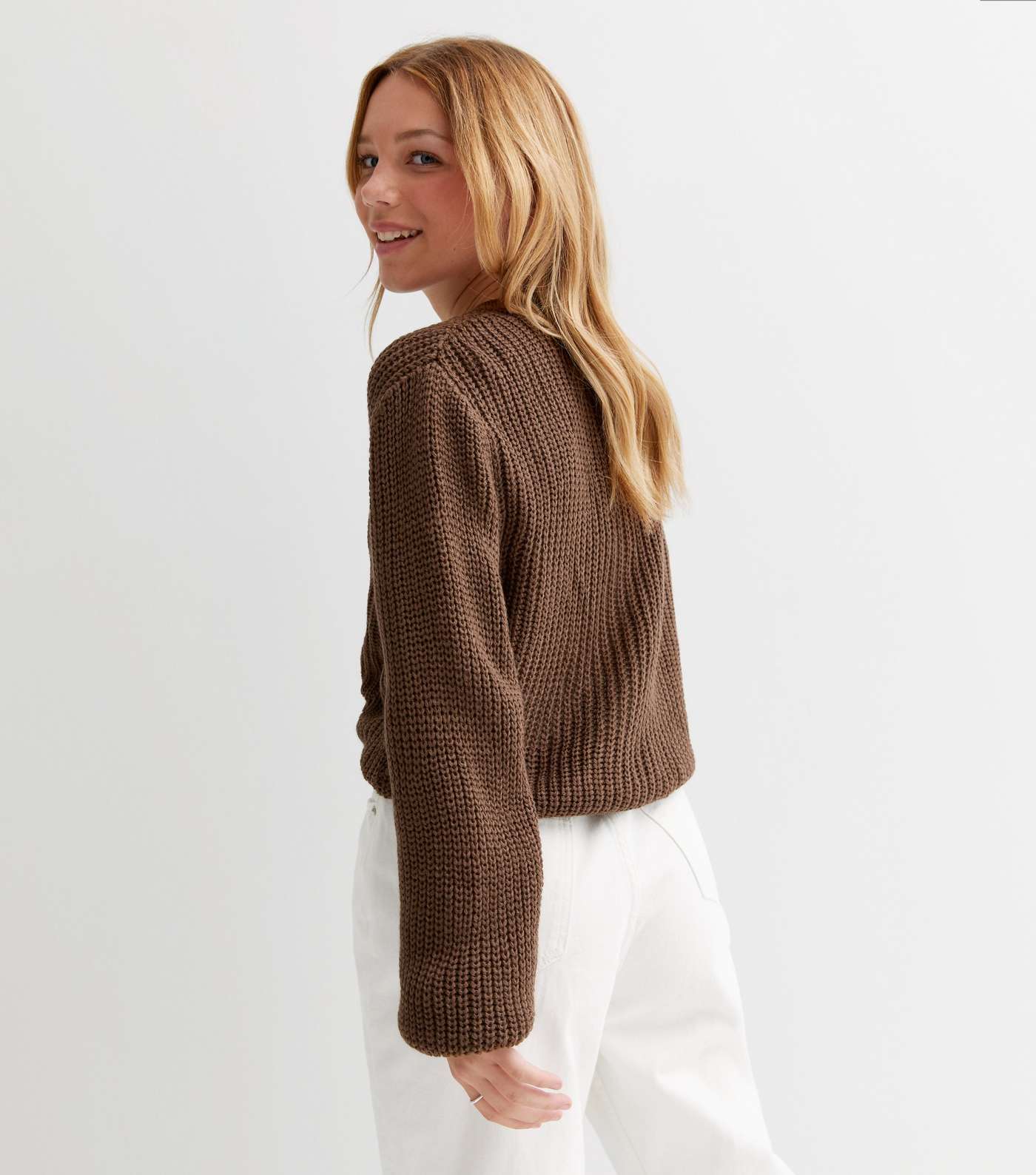 Girls Dark Brown Chunky Knit Ruched Long Sleeve Jumper Image 4