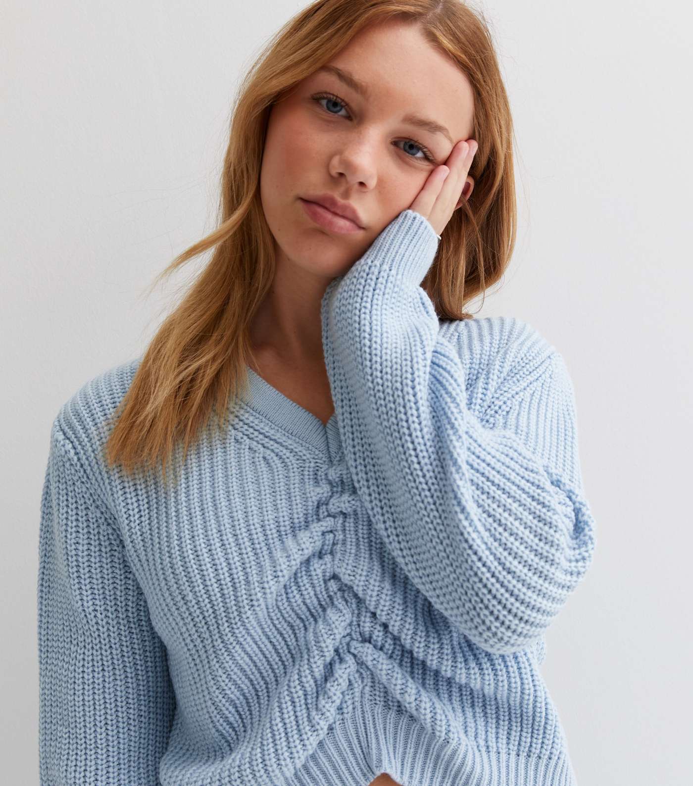 Girls Pale Blue Chunky Knit Ruched Long Sleeve Jumper Image 2
