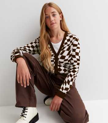 Girls Brown Knit Checkerboard Cardigan