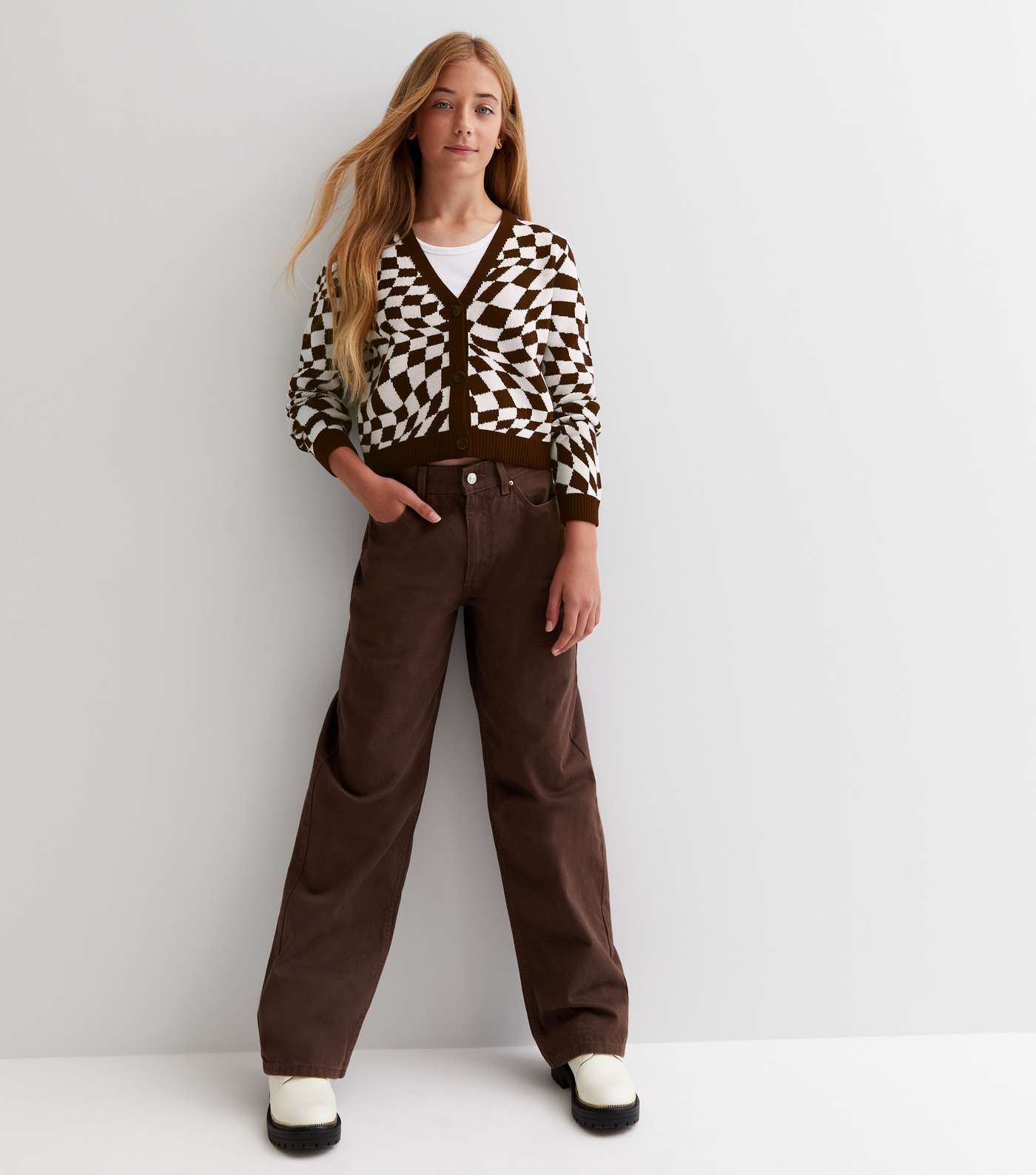 Girls Brown Knit Checkerboard Cardigan Image 3