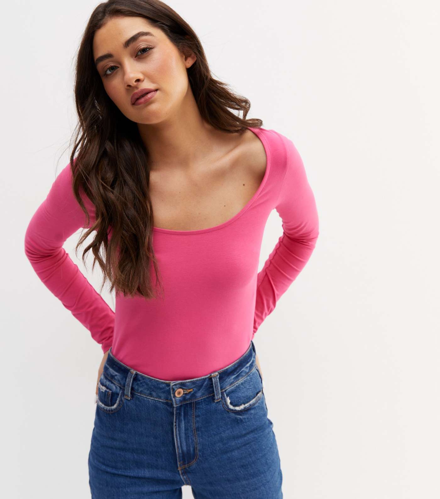 Bright Pink Scoop Neck Long Sleeve T-Shirt
