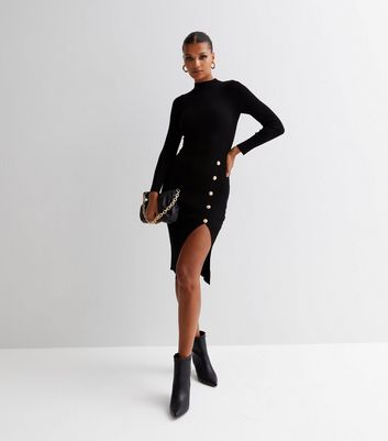 Black Ribbed Knit High Neck Button Side Midi Dress