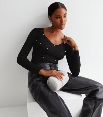 black bodysuit with pearls