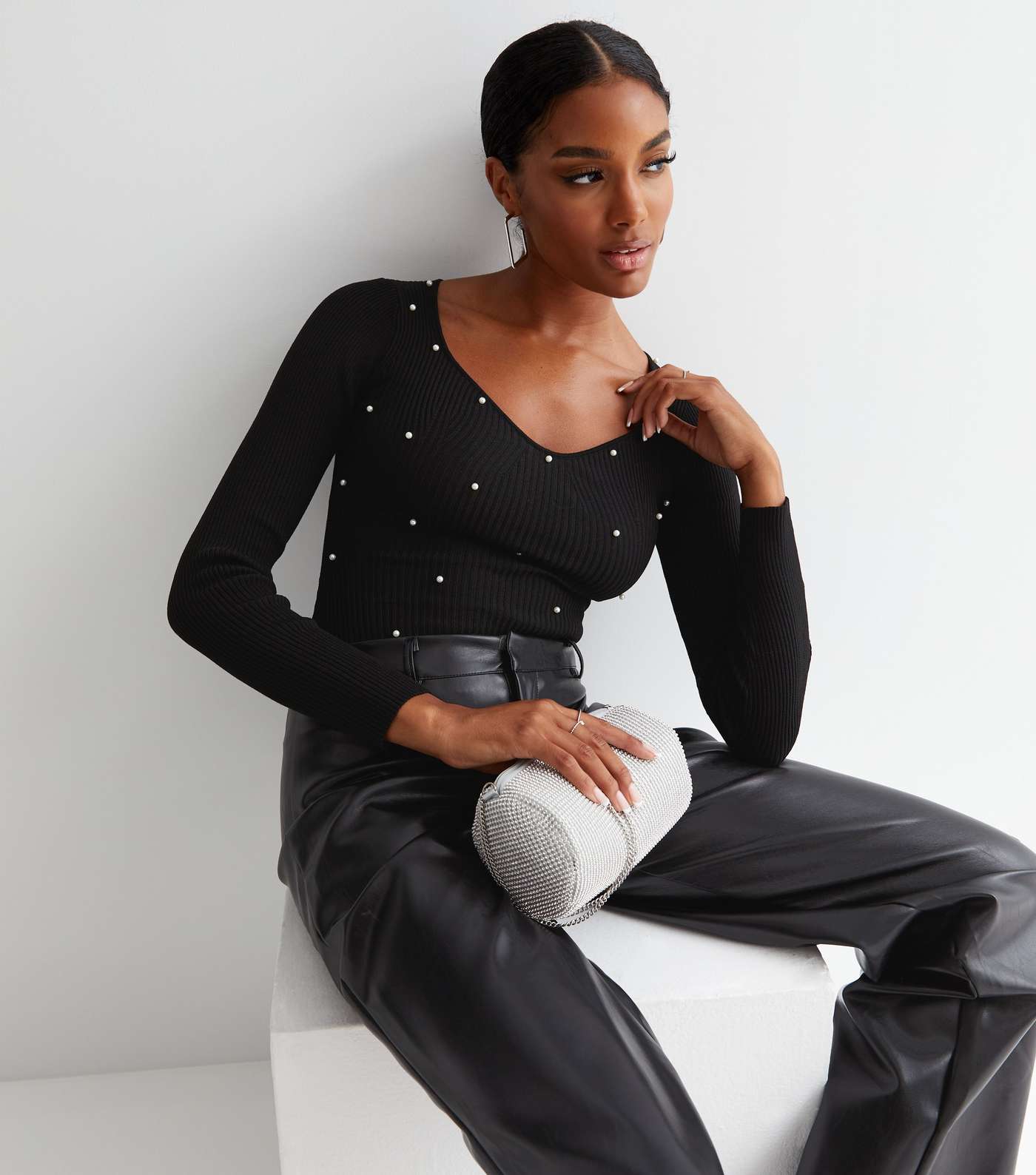 Black Ribbed Knit Faux Pearl Long Sleeve Bodysuit