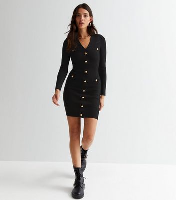 Black Ribbed Knit Button Front Long Sleeve Mini Dress