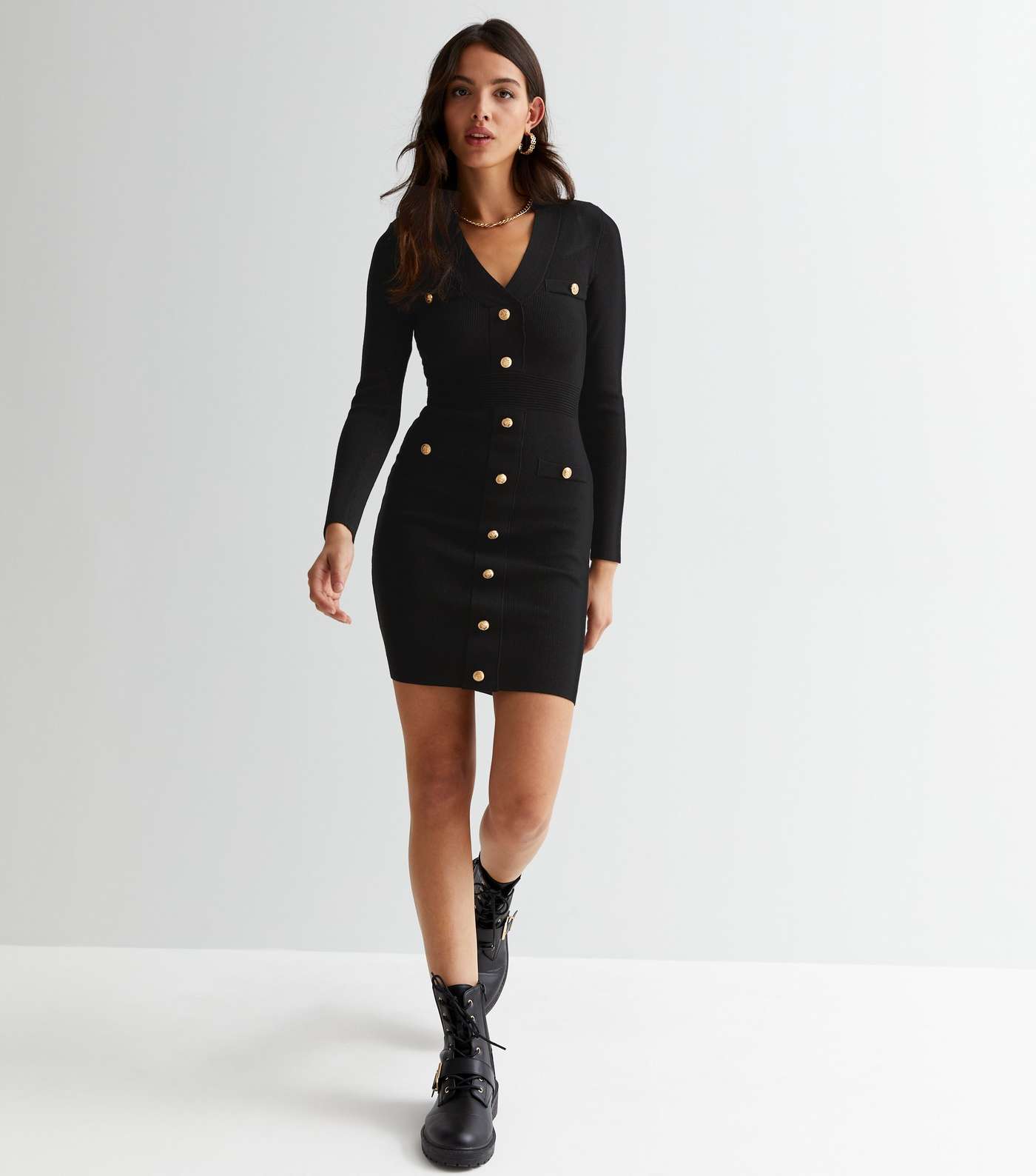 Black Ribbed Knit Button Front Long Sleeve Padded Shoulder Mini Dress