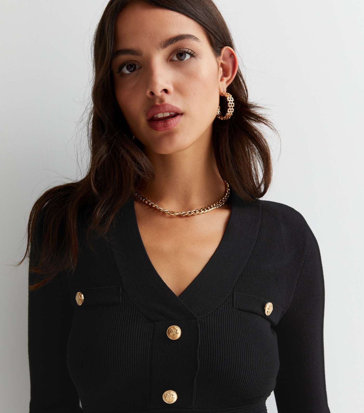 Black Ribbed Knit Button Front Long Sleeve Padded Shoulder Mini Dress Image 3