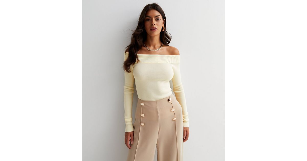 Cream Ribbed Knit Long Sleeve Bardot Jumper New Look
