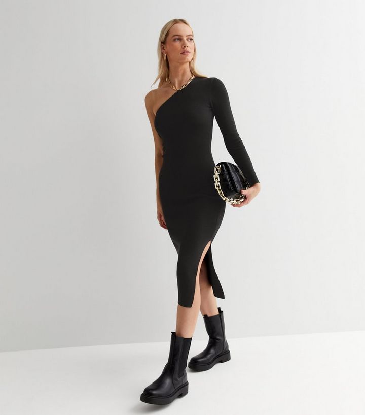 newlook.com | Black Ribbed Knit One Shoulder Midi Dress